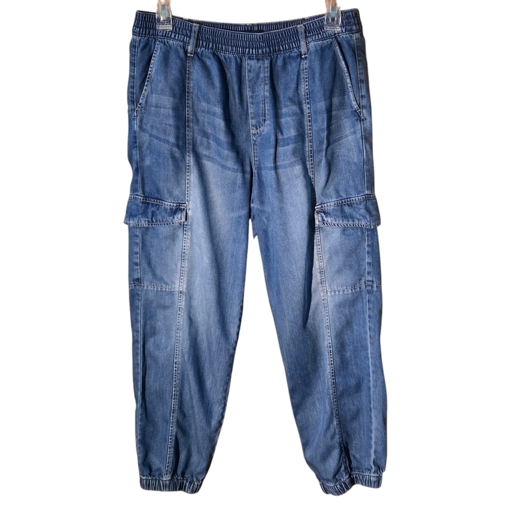 Sanctuary Los Angeles Women's XL Blue Cargo Jeans Elastic Bottom Waist & Hem